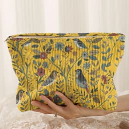 1pc, Branch Bird Pattern Corduroy Zipper Makeup Bag, Lightweight and Multifunctional Cosmetic Storage Bag