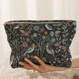 1pc, Branch Bird Pattern Corduroy Zipper Makeup Bag, Lightweight and Multifunctional Cosmetic Storage Bag