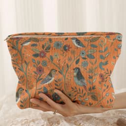 1pc, Branch Bird Pattern Corduroy Zipper Makeup Bag, Lightweight and Multifunctional Cosmetic Storage Bag