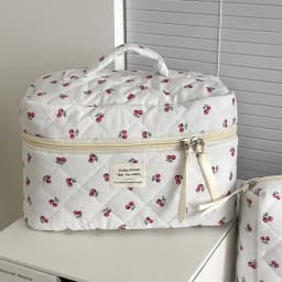 Wholesale Cherry Tote Women Makeup Bag Portable Cute Ladies Cosmetic Toiletry Storage Pouch Handbag Cotton Quilted Zipper Bag
