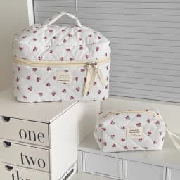 Wholesale Cherry Tote Women Makeup Bag Portable Cute Ladies Cosmetic Toiletry Storage Pouch Handbag Cotton Quilted Zipper Bag