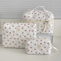 Wholesale Cherry Tote Women Makeup Bag Portable Cute Ladies Cosmetic Toiletry Storage Pouch Handbag Cotton Quilted Zipper Bag
