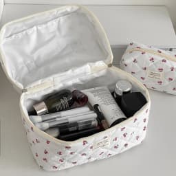 Wholesale Cherry Tote Women Makeup Bag Portable Cute Ladies Cosmetic Toiletry Storage Pouch Handbag Cotton Quilted Zipper Bag