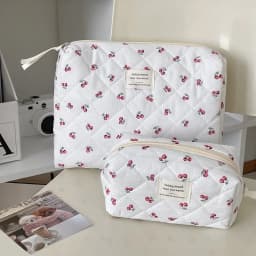 Wholesale Cherry Tote Women Makeup Bag Portable Cute Ladies Cosmetic Toiletry Storage Pouch Handbag Cotton Quilted Zipper Bag