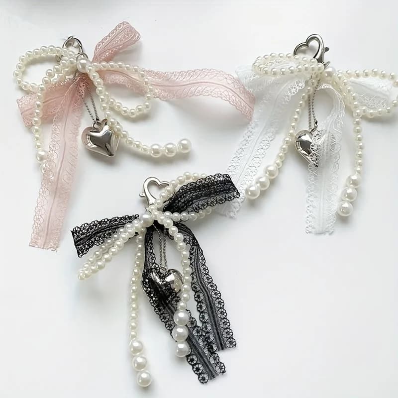 Lace Pearl Bow Keychain, Ladies Pearl Bow, Bag Pendant Keychain, Backpack Charm Keychain, Heart-Shaped Bag Pendant, Bead Keychain, Bow Pendant, Keychain Additions for Gifts, Wallets, Bags, Backpacks, Satchels