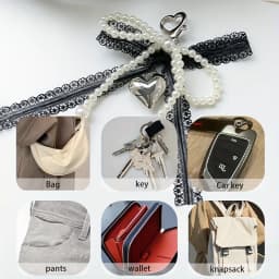 Lace Pearl Bow Keychain, Ladies Pearl Bow, Bag Pendant Keychain, Backpack Charm Keychain, Heart-Shaped Bag Pendant, Bead Keychain, Bow Pendant, Keychain Additions for Gifts, Wallets, Bags, Backpacks, Satchels