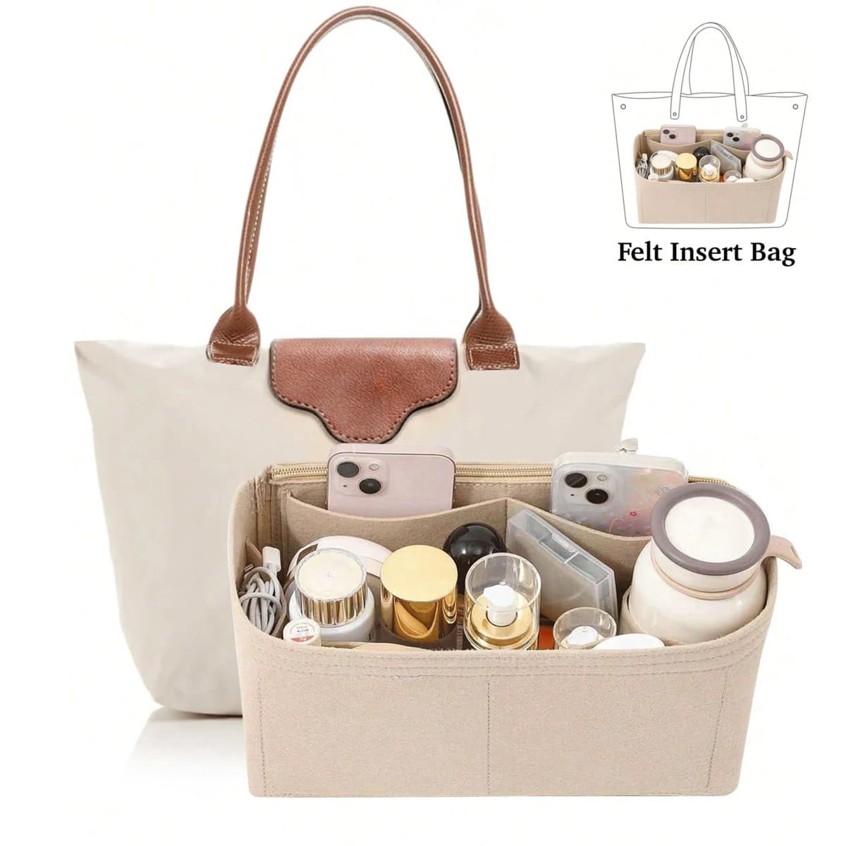 Felt Tote Bag Organizer, Inner Storage Bag with Lining, Anti-Deformation, Multi-Pocket Inner Insert for Classified Storage