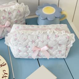 Pink Rose Sweetheart Cosmetic Storage Bag Aesthetic Cute Lace Trim Makeup Pouch Large Capacity Vintage Cosmetic Organizer Bags
