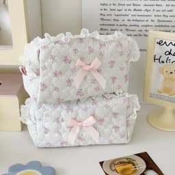 Pink Rose Sweetheart Cosmetic Storage Bag Aesthetic Cute Lace Trim Makeup Pouch Large Capacity Vintage Cosmetic Organizer Bags