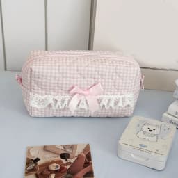 Pink Rose Sweetheart Cosmetic Storage Bag Aesthetic Cute Lace Trim Makeup Pouch Large Capacity Vintage Cosmetic Organizer Bags
