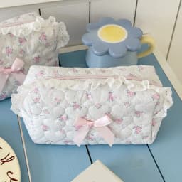 Pink Rose Sweetheart Cosmetic Storage Bag Aesthetic Cute Lace Trim Makeup Pouch Large Capacity Vintage Cosmetic Organizer Bags