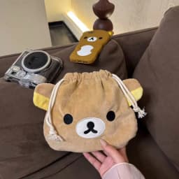 Cute Cartoon Bear Drawstring Bag Large Capacity Cosmetic Pouch Portable Storage Case for USB Cable Jewelry Makeup Brushes