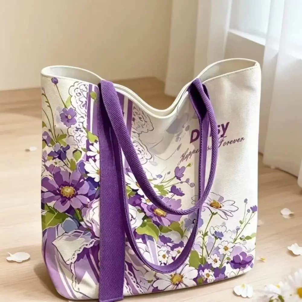 Durable Floral Canvas Bag Large Capacity Reusable Tote Bag Lightweight Versatile Lunch Bag Women's Accessories