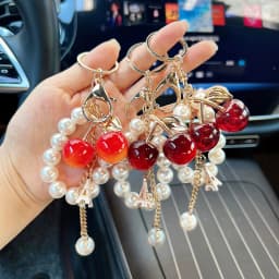 Acrylic Cherry Bag Charm With Imitation Pearl Bead Chain Mini Eiffel Tower Metal Pendant Gold Keychain Handbag Accessory