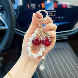 Acrylic Cherry Bag Charm With Imitation Pearl Bead Chain Mini Eiffel Tower Metal Pendant Gold Keychain Handbag Accessory