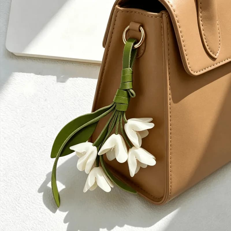 Handmade PU Leather Lily of The Valley Keychain Creative Bag Charm, Suitable for Wedding Favors and Blessing Gifts.