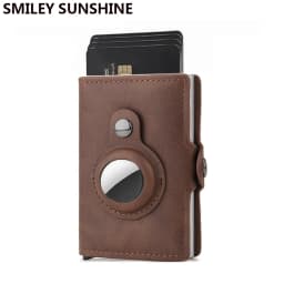 Men Wallet for Apple Airtag RFID Blocking Card Holder  Air Tag Wallet Business Pop Up Slide Cardholder Case with Zip Coin Purse