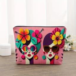 1pc Vibrant Abstract Women's Face & Tropical Hibiscus Flower Makeup Bag - Foldable & Portable Cosmetic Organizer