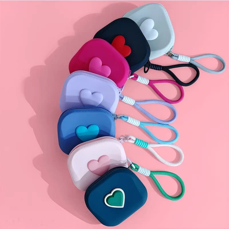 1pc Love Heart Storage Bag Silicone Coin Purse Wallet with Weaving Lanyard Portable Data Cable Earphone Organizer Key Pouch