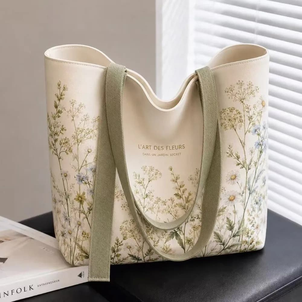 New Cotton Canvas Canvas Tote Bag Durable Lightweight Carry Bag Green Daisy Print Travel Bag Shopping Trips