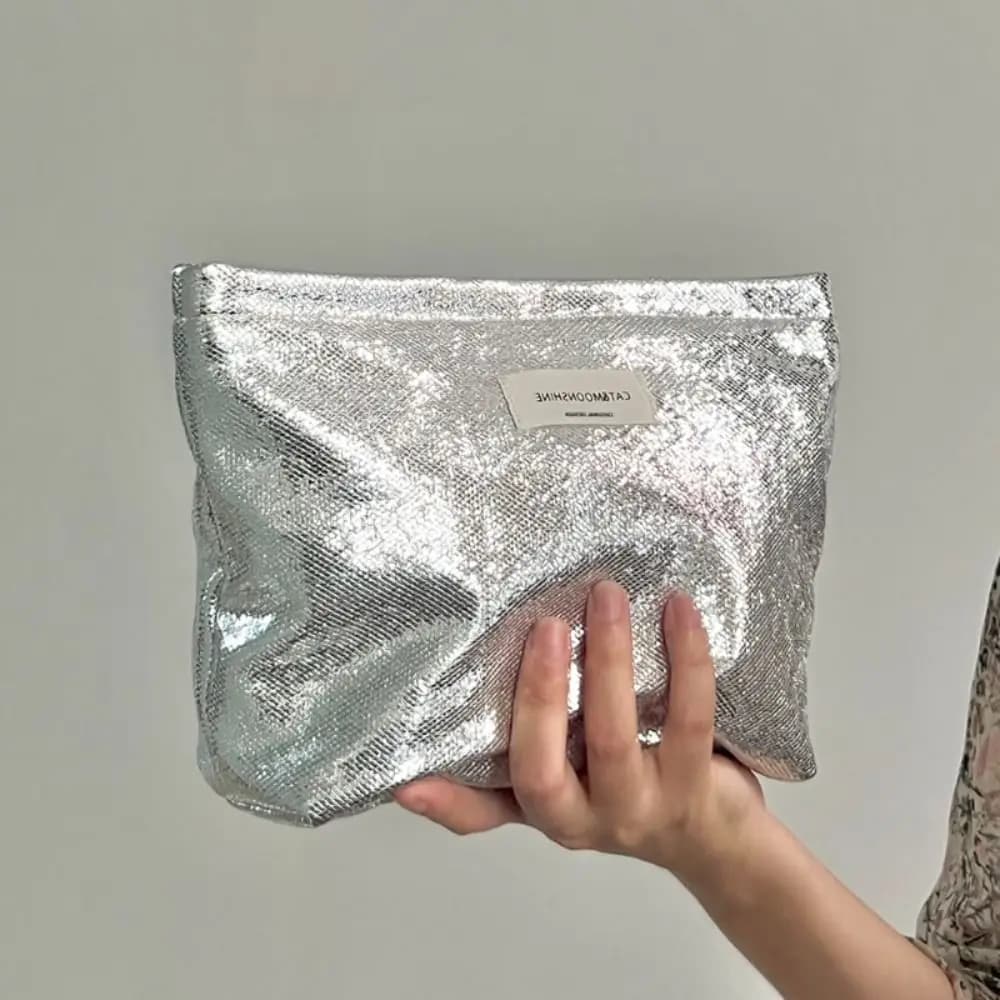 Portable Shiny Sequins Makeup Bag Silver Champagne Cosmetic Bag Solid Color Toiletries Skincare Storage Bag Travel