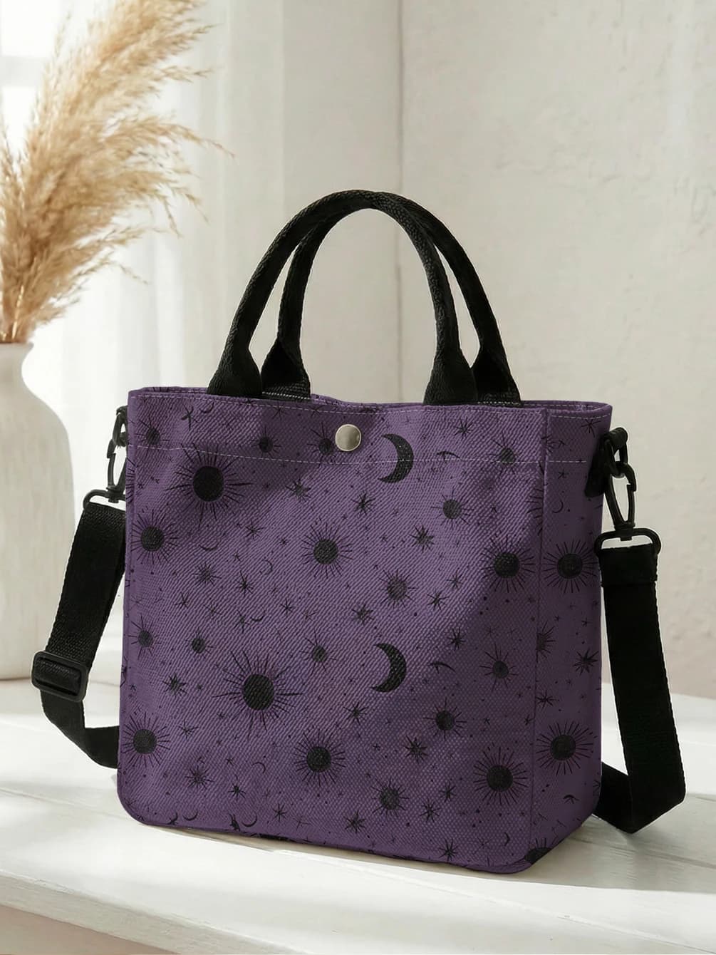 Purple Sun Moon Star Print Tote Bag Detachable Strap Crossbody Handbag For Women Daily Shopping