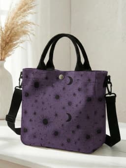 Purple Sun Moon Star Print Tote Bag Detachable Strap Crossbody Handbag For Women Daily Shopping
