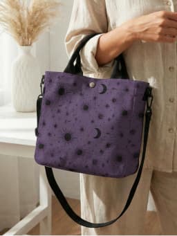 Purple Sun Moon Star Print Tote Bag Detachable Strap Crossbody Handbag For Women Daily Shopping