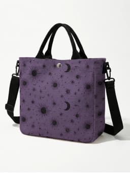 Purple Sun Moon Star Print Tote Bag Detachable Strap Crossbody Handbag For Women Daily Shopping