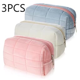 3-Piece Set of Plush Makeup Bags, Plaid Makeup Bag, Large Capacity Zippered Travel Toiletry Bag, Portable Multifunctional Storage Bag, Cute Makeup Brush Storage Pouch, Suitable for Women, Pink, Blue, White
