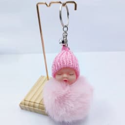 Sleeping Baby Key Ring Bag Pendant Pompom Key Buckle Faux Rabbit Fur Keyrings Plush Knitted Hat Keychain Fluffy Jewelry Key Ring