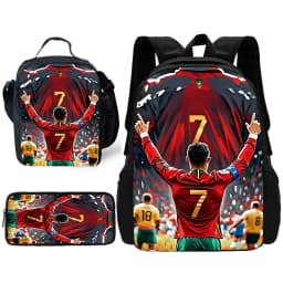 Football Star Child School Backpack with Lunch R-Ronaldos Bags ,Pencil Bags ,C-CR7 School Bags for Boys Girls Best Gift