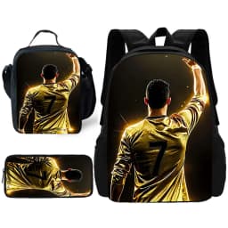 Football Star Child School Backpack with Lunch R-Ronaldos Bags ,Pencil Bags ,C-CR7 School Bags for Boys Girls Best Gift