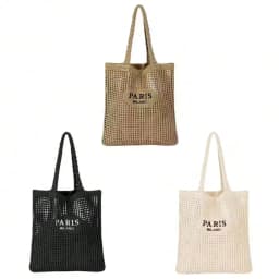 1 Piece Women's Knitted Woven Tote Bag - Paris Lettered Open Shoulder Bag, Breathable Beach & Travel Bag, Washable Fabric, Casual Shopping Accessory, Durable Woven Design, Exclusive for Fashion Enthusiasts