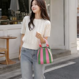 Korean Style Mini Knit Tote Bag Women Striped Crochet Bucket Handbag Lightweight Summer Daily Shoulder Purse For Vacation