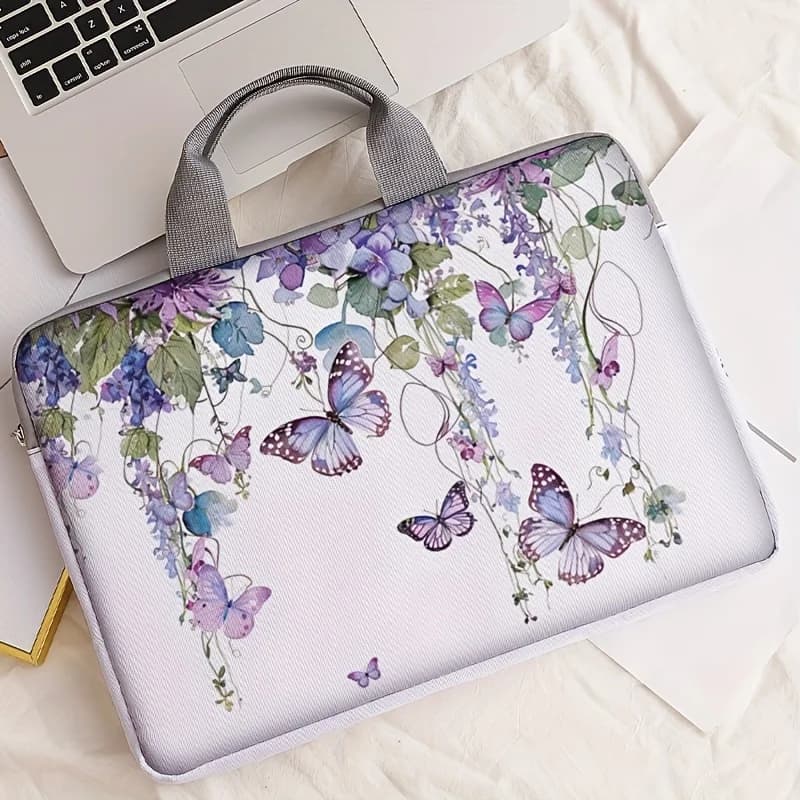 One Piece Set, Two Styles, Purple butterfly Pattern Laptop Bag and Briefcase, Suitable for 14 inch Laptops