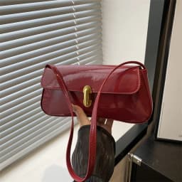 Stylish Wine Red Patent Leather Women Underarm Bag, Sleek Sling Purse with Gold Turn Lock Women's Daily Handbags Shoulder Bags