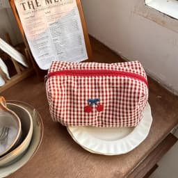 Cherry Embroidery Cotton Plaid Makeup Bag Portable Travel Cosmetic Storage Purse Multifunctional Toiletry Organizer