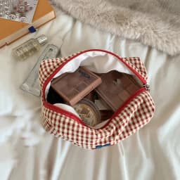 Cherry Embroidery Cotton Plaid Makeup Bag Portable Travel Cosmetic Storage Purse Multifunctional Toiletry Organizer