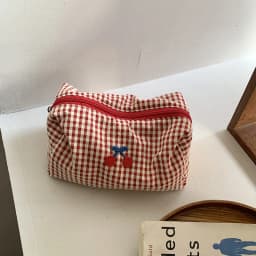 Cherry Embroidery Cotton Plaid Makeup Bag Portable Travel Cosmetic Storage Purse Multifunctional Toiletry Organizer