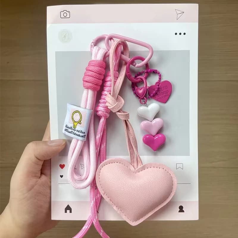 Cute PU Heart Leather Rope Keychain Handmade Braided Rope Car Keyrings Ins Y2K Love Rope Bag Charm Children