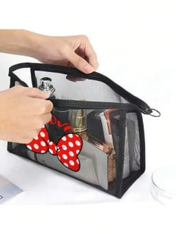 1pc Travel Black Bow Mesh Cosmetic Bag Zipper Makeup Bag For Women Wash Toiletry Bag Makeup Organizer Portable Storage Pouch