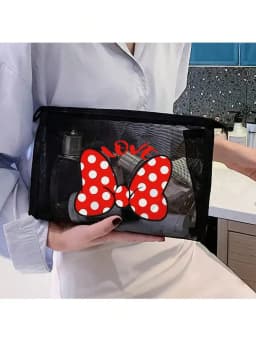 1pc Travel Black Bow Mesh Cosmetic Bag Zipper Makeup Bag For Women Wash Toiletry Bag Makeup Organizer Portable Storage Pouch