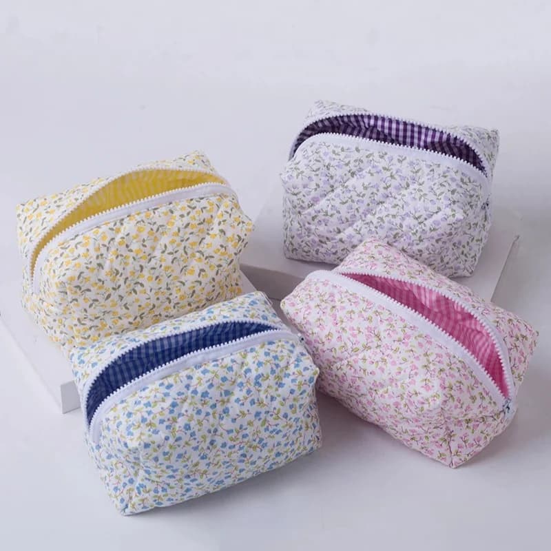 1PC Flower Printed Puffy Quilted Zipper Makeup Bag Storage Organizer Toiletry Handbag Cosmetic Pouch Large Travel Cosmetic Bag