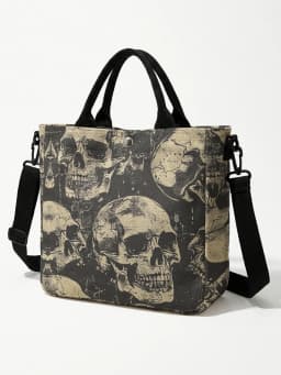 Vintage Distressed Skull Print Tote Bag Detachable Strap Crossbody Handbag For Women Daily Shopping