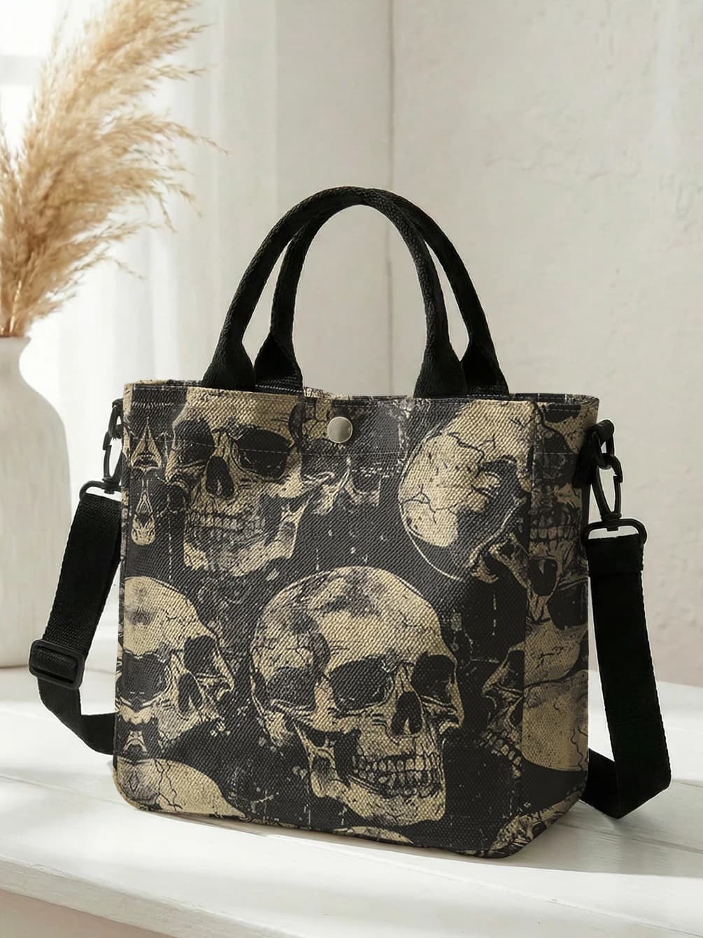Vintage Distressed Skull Print Tote Bag Detachable Strap Crossbody Handbag For Women Daily Shopping