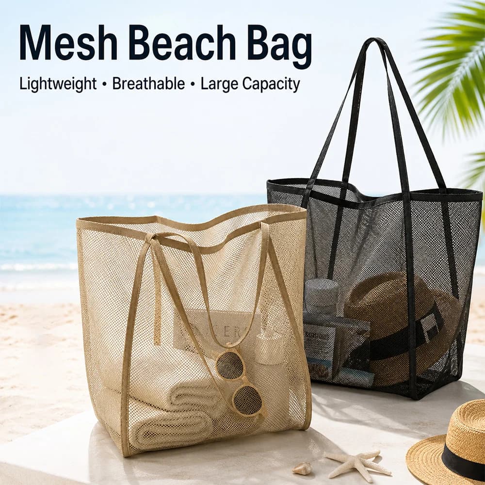 Portable Mesh Beach Bag Lightweight Breathable Quick-Dry Travel Tote Bag for Beach Trips Outdoor Activities Storage Towels Toys