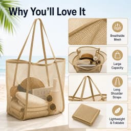Portable Mesh Beach Bag Lightweight Breathable Quick-Dry Travel Tote Bag for Beach Trips Outdoor Activities Storage Towels Toys