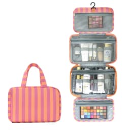 Portable Hanging Travel Toiletry Bag 4-Fold with Hook Makeup Bag Large Capacity Striped Cosmetic Bag Travel