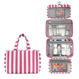 Portable Hanging Travel Toiletry Bag 4-Fold with Hook Makeup Bag Large Capacity Striped Cosmetic Bag Travel